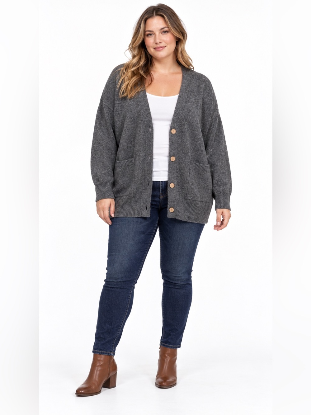 Gray V-Neck Button Front Women's Cardigan Sweater